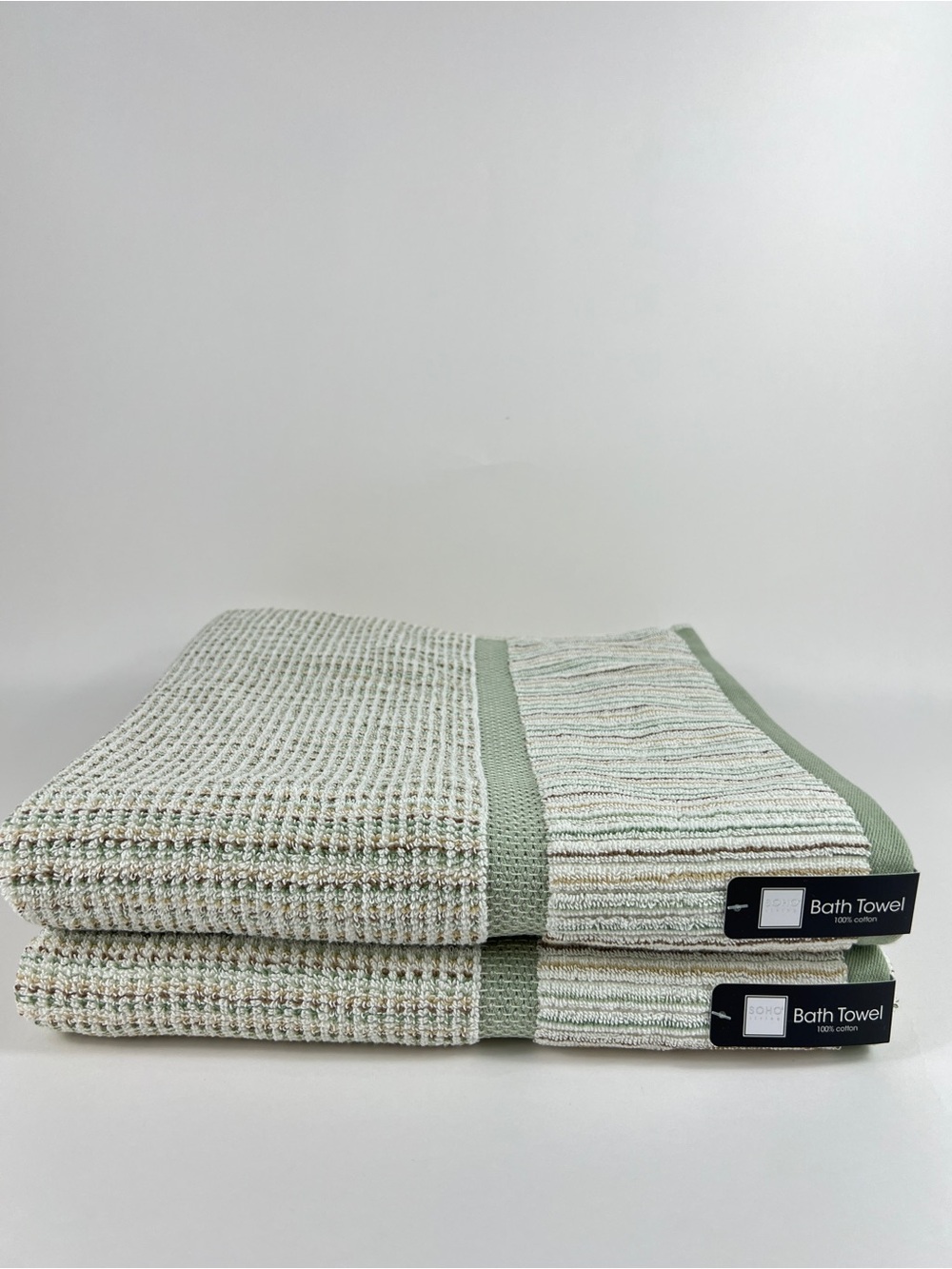 SOHO Living Bath Towels in Sage Cream Tan Striped Soft 100% Cotton Set of 2 NEW